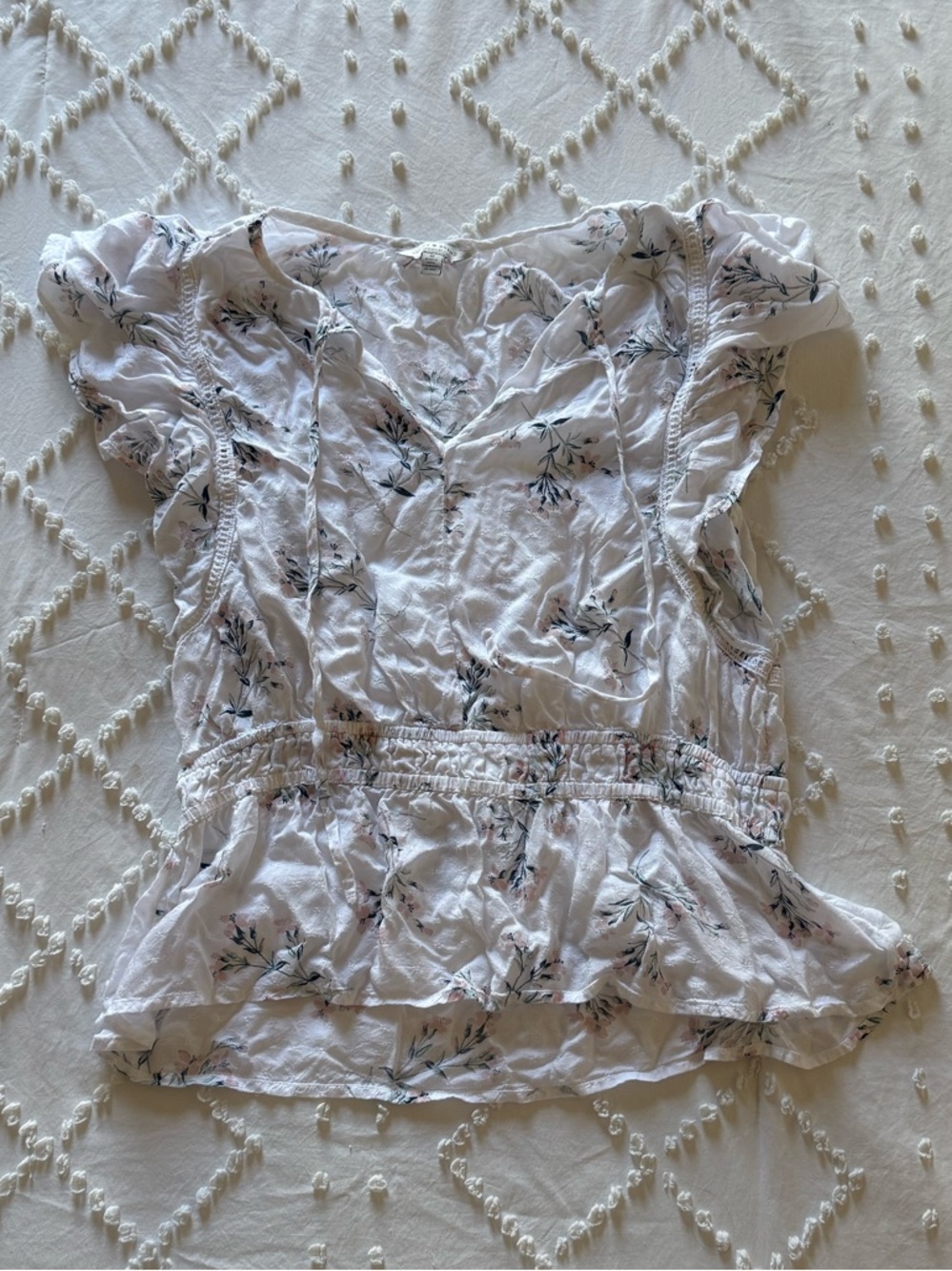 Lucky Brand Floral White Ruffle Sleeve Women's M Top